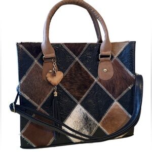 Patchwork Leather Tote Bag - Brown and Black